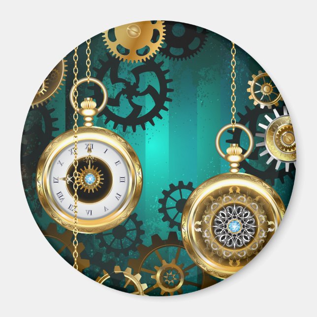 Steampunk Jewellery Watch on a Green Background Magnet (Front)