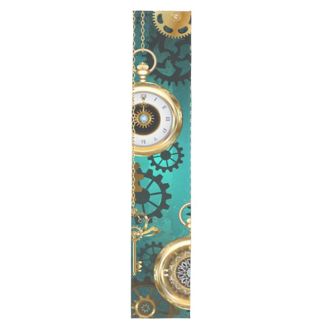 Steampunk Jewellery Watch on a Green Background Medium Table Runner (Front)