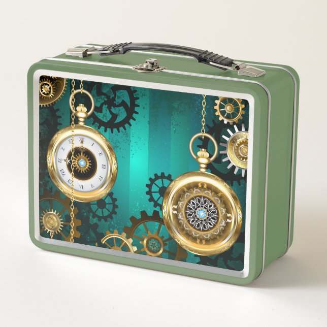Steampunk Jewellery Watch on a Green Background Metal Lunch Box (Front)