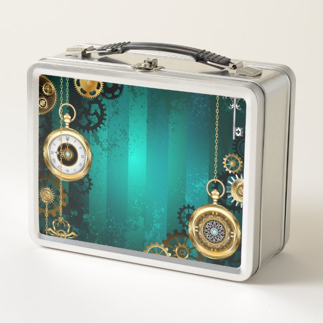 Steampunk Jewellery Watch on a Green Background Metal Lunch Box (Front)
