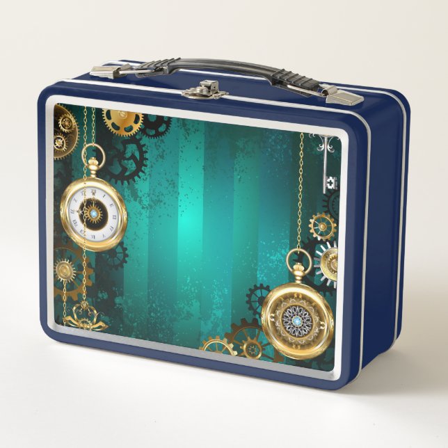 Steampunk Jewellery Watch on a Green Background Metal Lunch Box (Front)