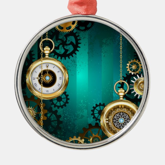 Steampunk Jewellery Watch on a Green Background Metal Tree Decoration (Front)