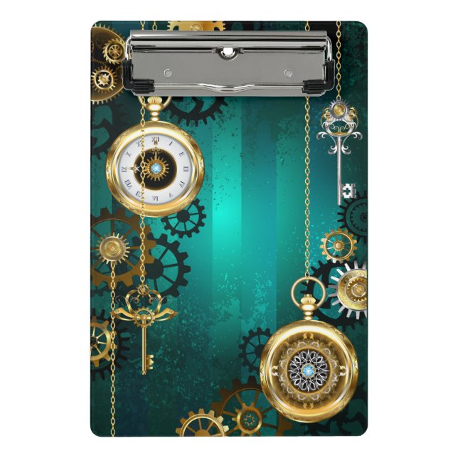 Steampunk Jewellery Watch on a Green Background Mini Clipboard (Front)