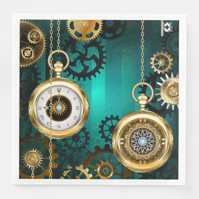 Steampunk Jewellery Watch on a Green Background Napkin (Front)