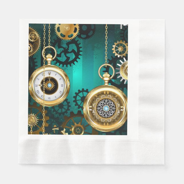 Steampunk Jewellery Watch on a Green Background Napkin (Front)