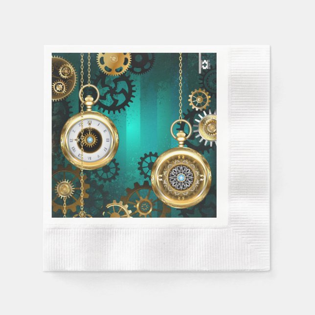 Steampunk Jewellery Watch on a Green Background Napkin (Front)