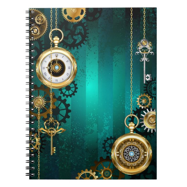 Steampunk Jewellery Watch on a Green Background Notebook (Front)