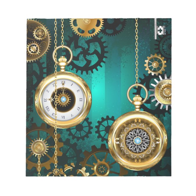 Steampunk Jewellery Watch on a Green Background Notepad (Front)