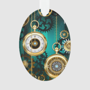Steampunk Jewellery Watch on a Green Background Ornament