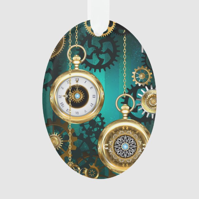 Steampunk Jewellery Watch on a Green Background Ornament (Front)
