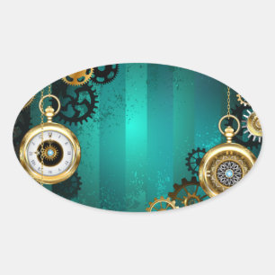 Steampunk Jewellery Watch on a Green Background Oval Sticker