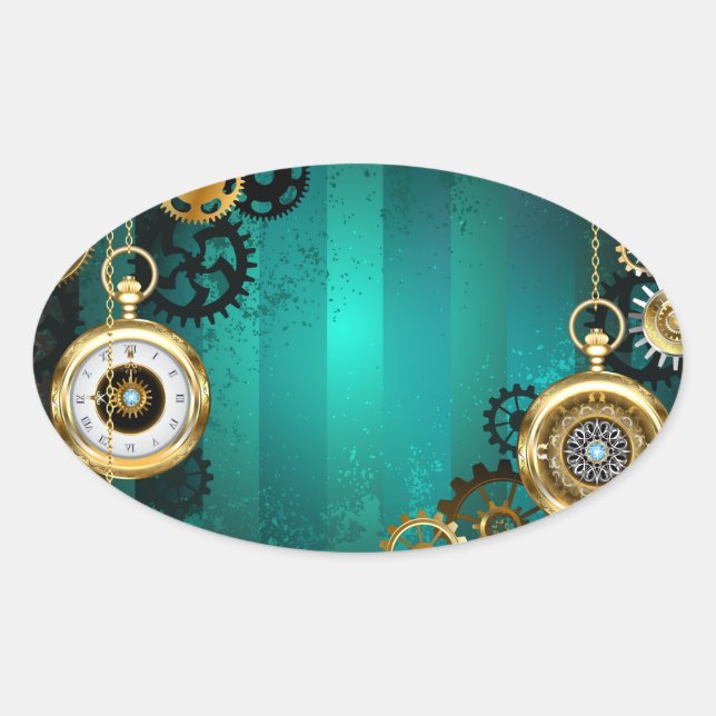 Steampunk Jewellery Watch on a Green Background Oval Sticker (Front)