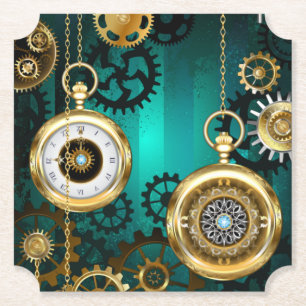 Steampunk Jewellery Watch on a Green Background Paper Coaster