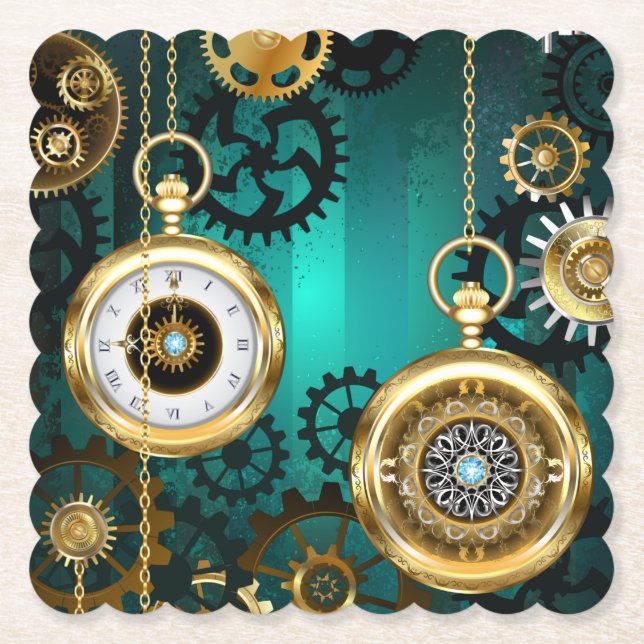 Steampunk Jewellery Watch on a Green Background Paper Coaster (Front)