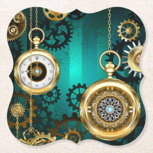 Steampunk Jewellery Watch on a Green Background Paper Coaster