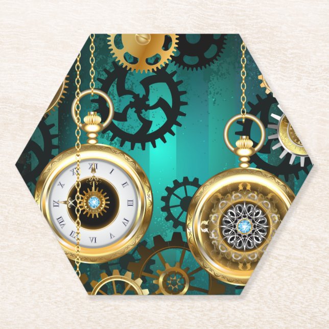 Steampunk Jewellery Watch on a Green Background Paper Coaster (Front)