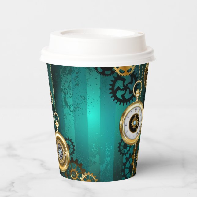 Steampunk Jewellery Watch on a Green Background Paper Cups (Front)