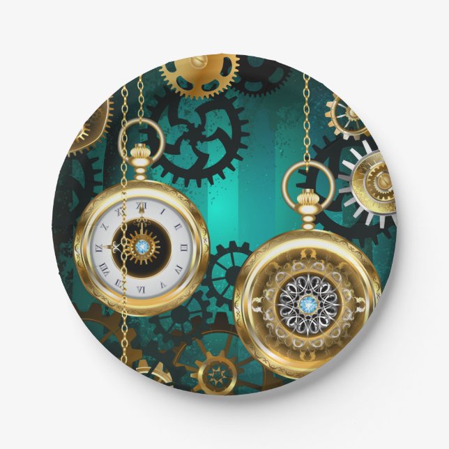 Steampunk Jewellery Watch on a Green Background Paper Plate (Front)