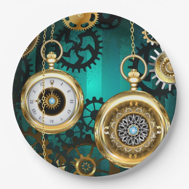Steampunk Jewellery Watch on a Green Background Paper Plate (Front)