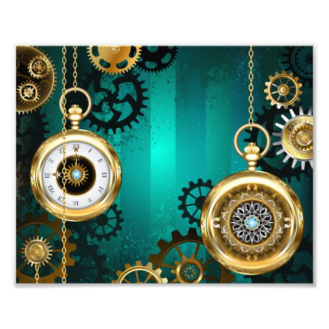 Steampunk Jewellery Watch on a Green Background Photo Print (Front)