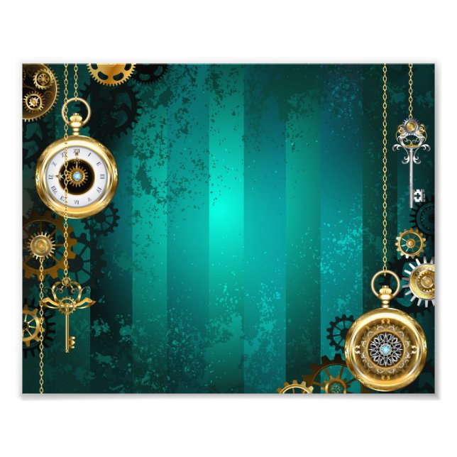 Steampunk Jewellery Watch on a Green Background Photo Print (Front)