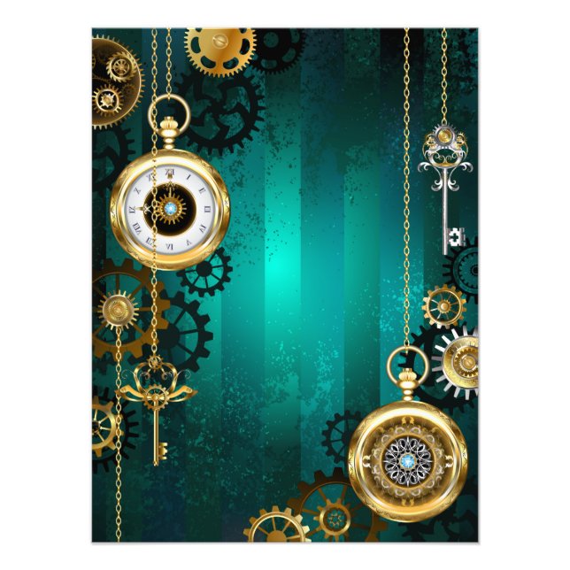 Steampunk Jewellery Watch on a Green Background Photo Print (Front)