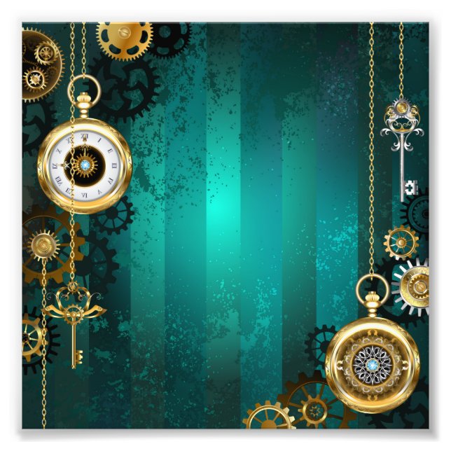 Steampunk Jewellery Watch on a Green Background Photo Print (Front)
