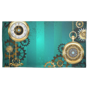 Steampunk Jewellery Watch on a Green Background Pillowcase