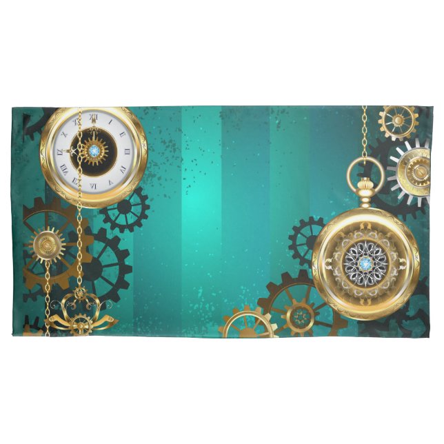 Steampunk Jewellery Watch on a Green Background Pillowcase (Front)