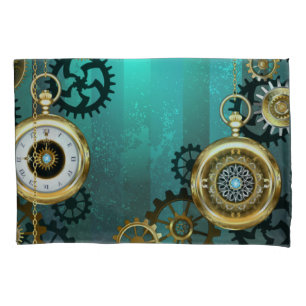 Steampunk Jewellery Watch on a Green Background Pillowcase