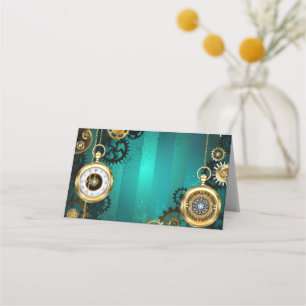 Steampunk Jewellery Watch on a Green Background Place Card