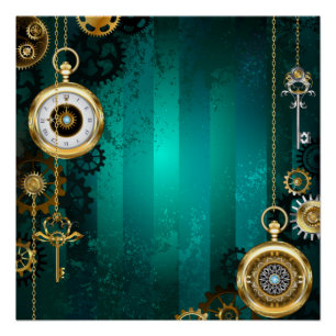 Steampunk Jewellery Watch on a Green Background Poster