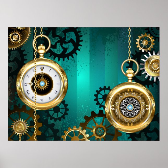 Steampunk Jewellery Watch on a Green Background Poster (Front)