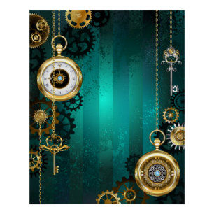 Steampunk Jewellery Watch on a Green Background Poster