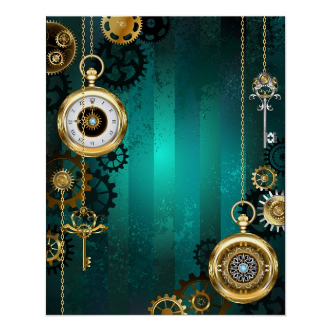 Steampunk Jewellery Watch on a Green Background Poster (Front)