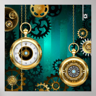 Steampunk Jewellery Watch on a Green Background Poster