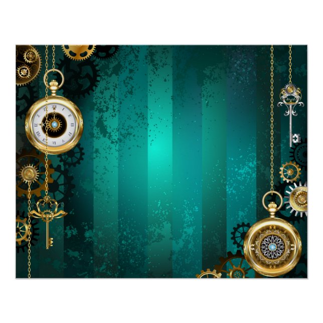 Steampunk Jewellery Watch on a Green Background Poster (Front)