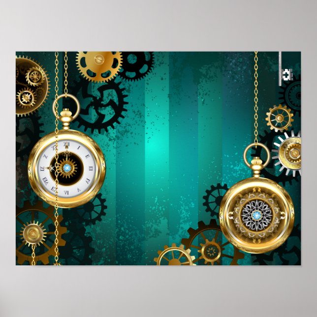 Steampunk Jewellery Watch on a Green Background Poster (Front)