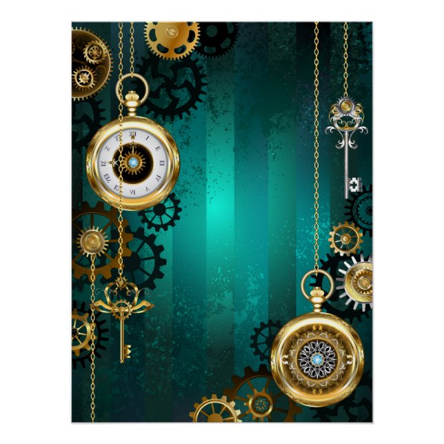 Steampunk Jewellery Watch on a Green Background Poster (Front)
