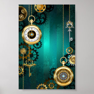 Steampunk Jewellery Watch on a Green Background Poster