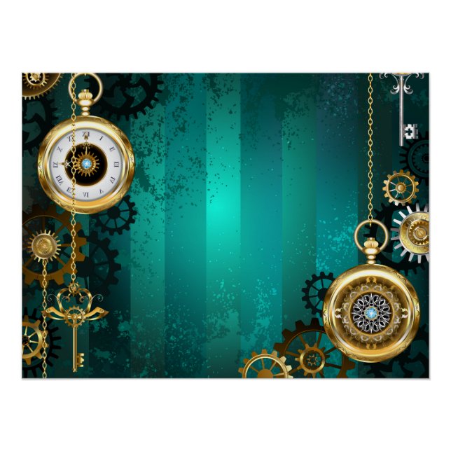 Steampunk Jewellery Watch on a Green Background Poster (Front)