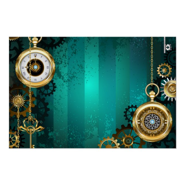 Steampunk Jewellery Watch on a Green Background Poster (Front)