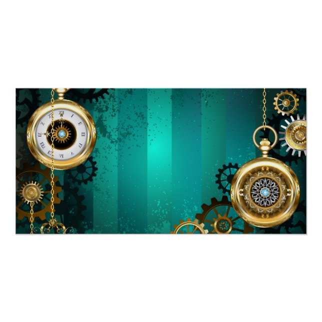 Steampunk Jewellery Watch on a Green Background Poster (Front)