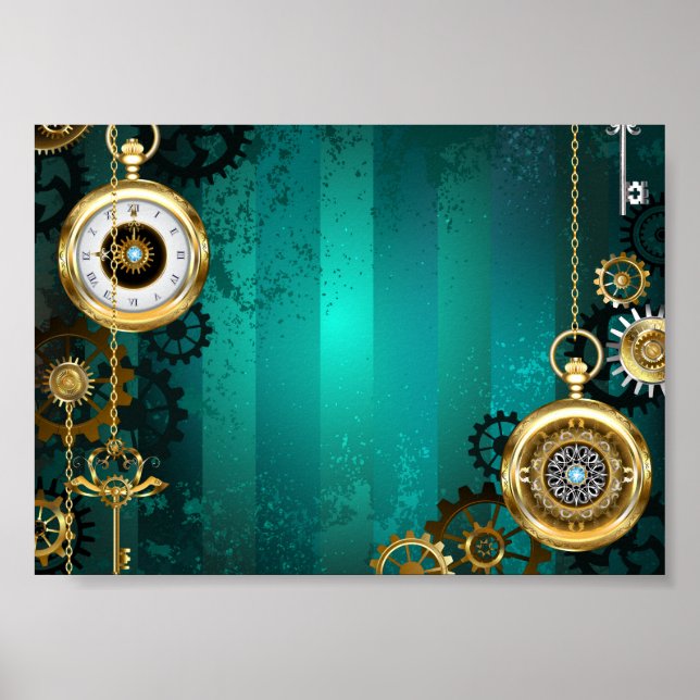 Steampunk Jewellery Watch on a Green Background Poster (Front)