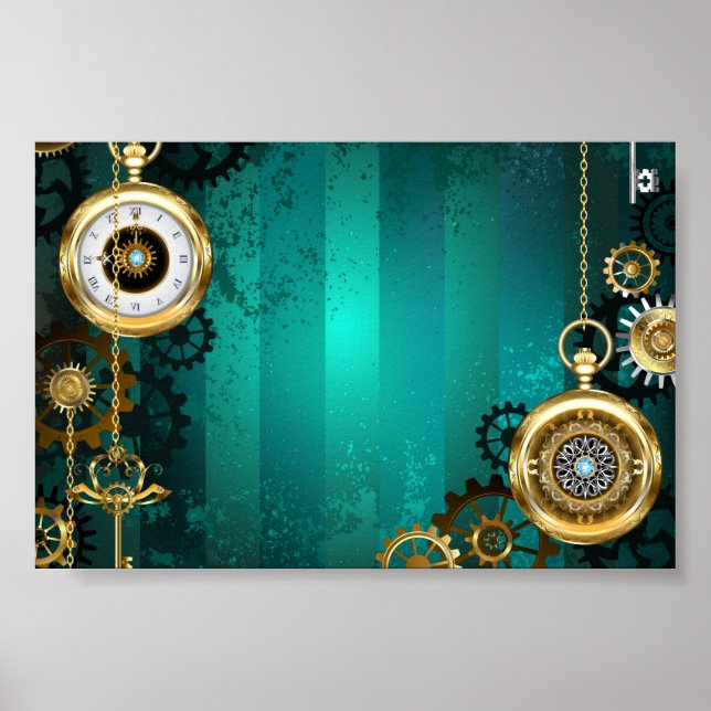 Steampunk Jewellery Watch on a Green Background Poster (Front)