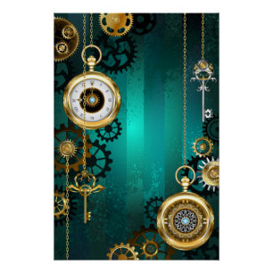 Steampunk Jewellery Watch on a Green Background Poster