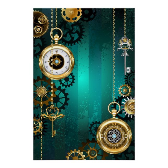 Steampunk Jewellery Watch on a Green Background Poster (Front)