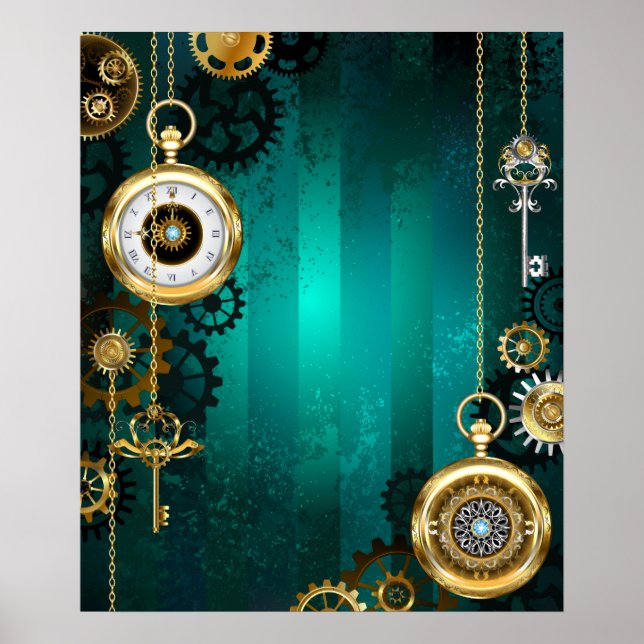 Steampunk Jewellery Watch on a Green Background Poster (Front)