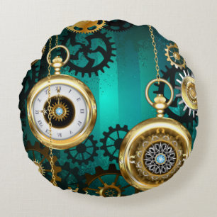 Steampunk Jewellery Watch on a Green Background Round Cushion