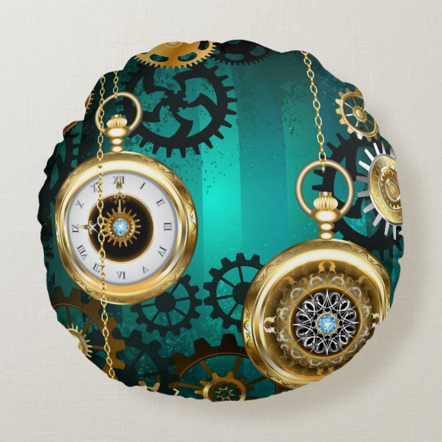 Steampunk Jewellery Watch on a Green Background Round Cushion (Front)
